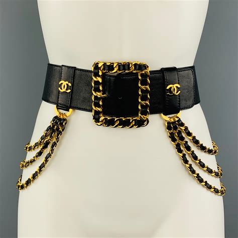 chanel bkack leather belt gold tone metal and glass|Chanel Black Belt .